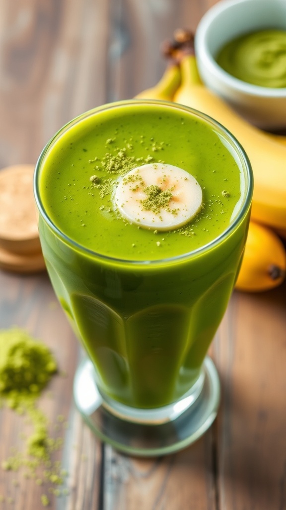 A refreshing Matcha Banana Green Tea Smoothie in a glass, garnished with banana slice and matcha powder.